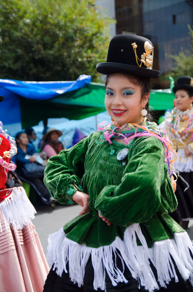 Chutas dancer in the street, Bolivian carnival