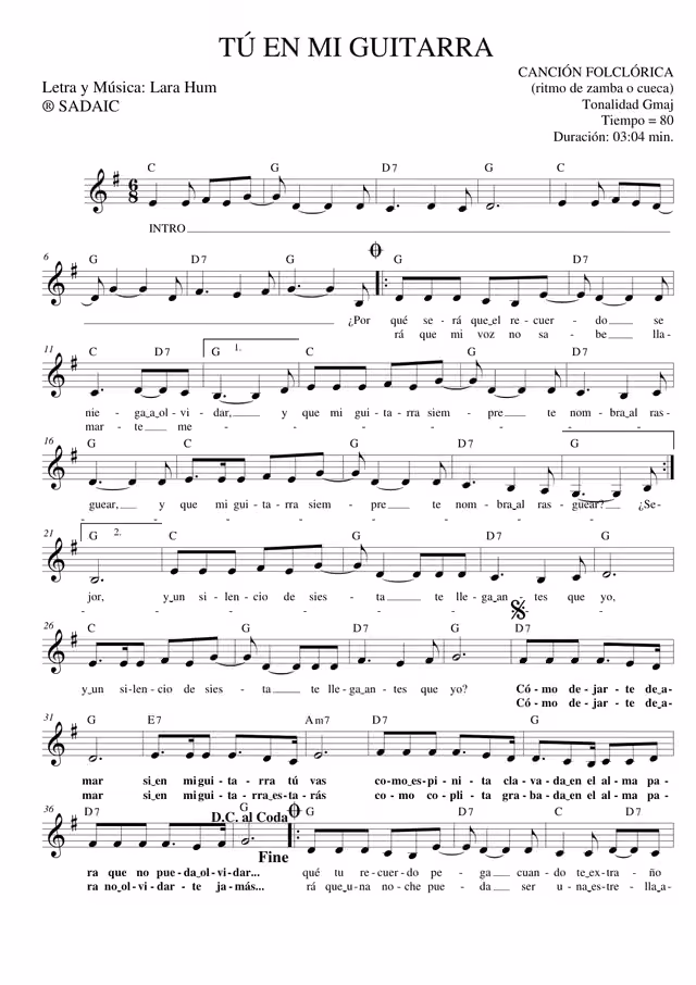 Tú en mi guitarra (partitura) — Página 1