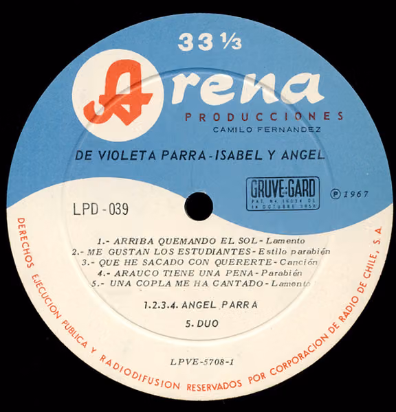 Record label for De Violeta Parra by Isabel and Ángel Parra