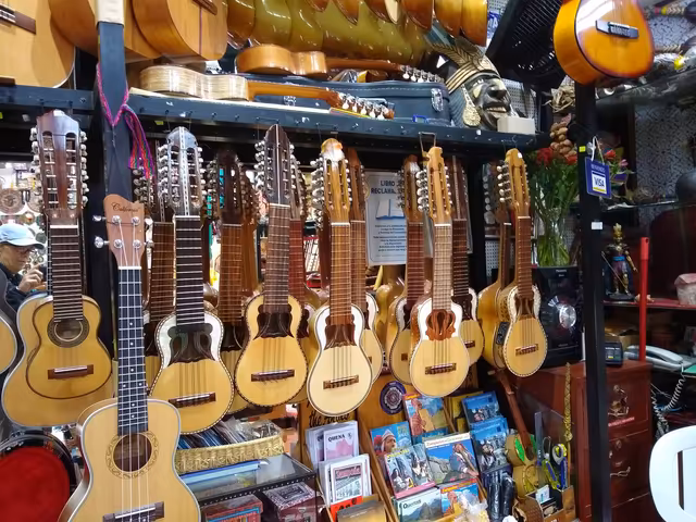 Charangos for sale at a tourist market in Lima