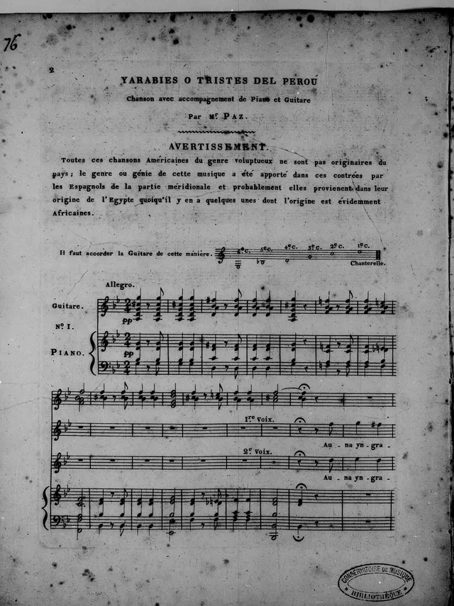 "Yarabíes o tristes del Perú", arranged by Narciso Paz