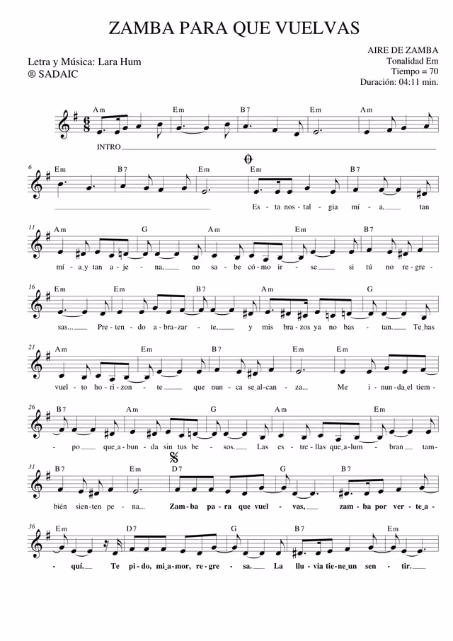 Zamba "Para que vuelvas" (sheet music) — Page 1