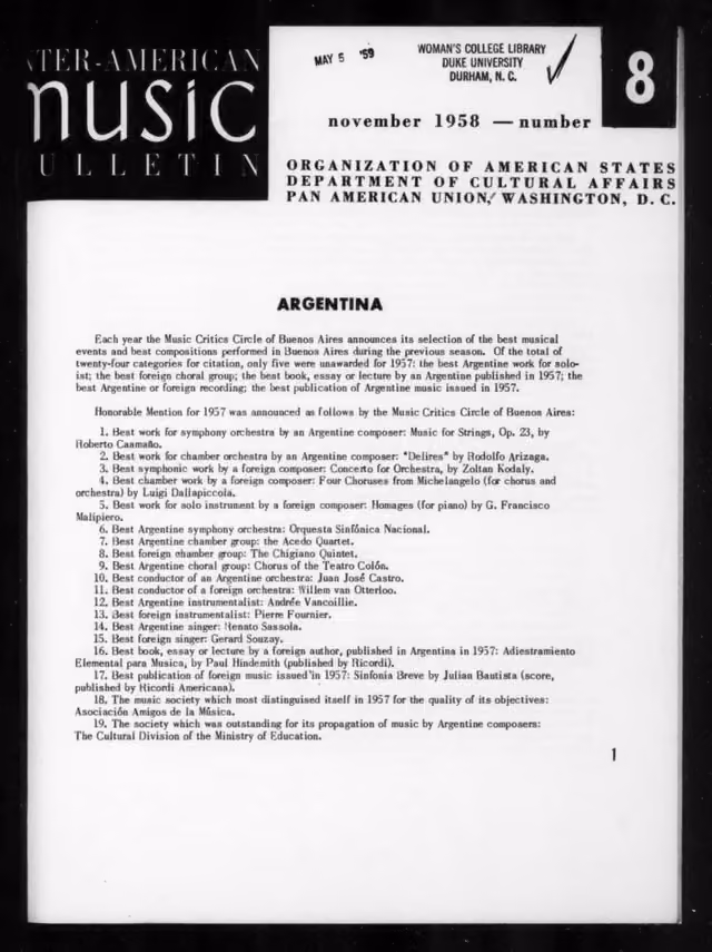 Boletín Interamericano de Música, no. 8 (noviembre 1958)