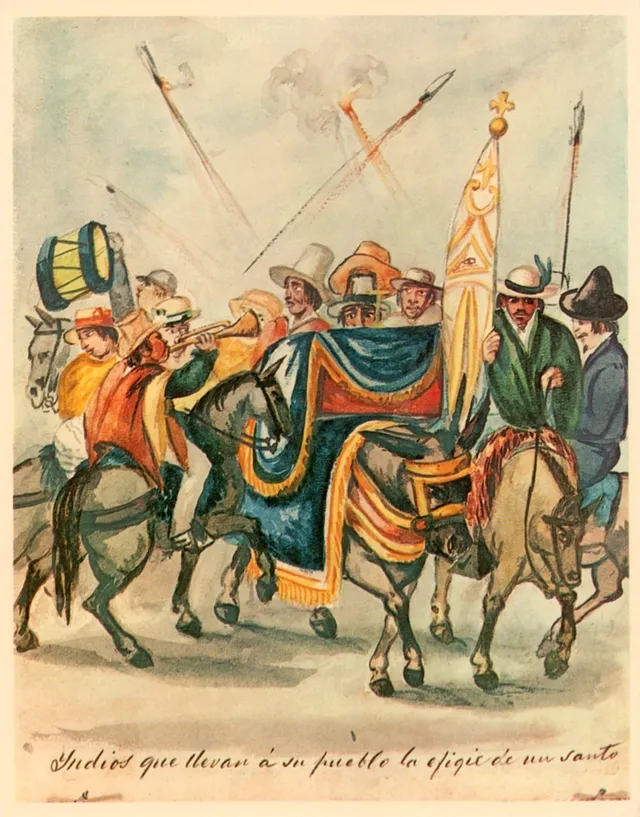 "Indians carrying a saint's effigy to their village", watercolour by Pancho Fierro