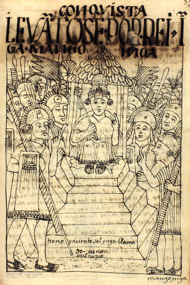 Manco Inca en su trono ceremonial en Cuzco (dibujo de Guaman Poma, 1615)