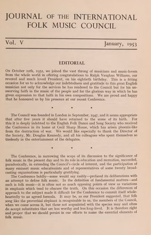 Journal of the International Folk Music Council, vol. V (January 1953)