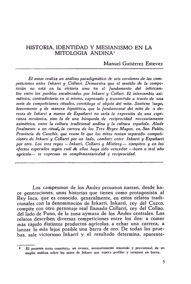 History, identity and messianism in Andean mythology