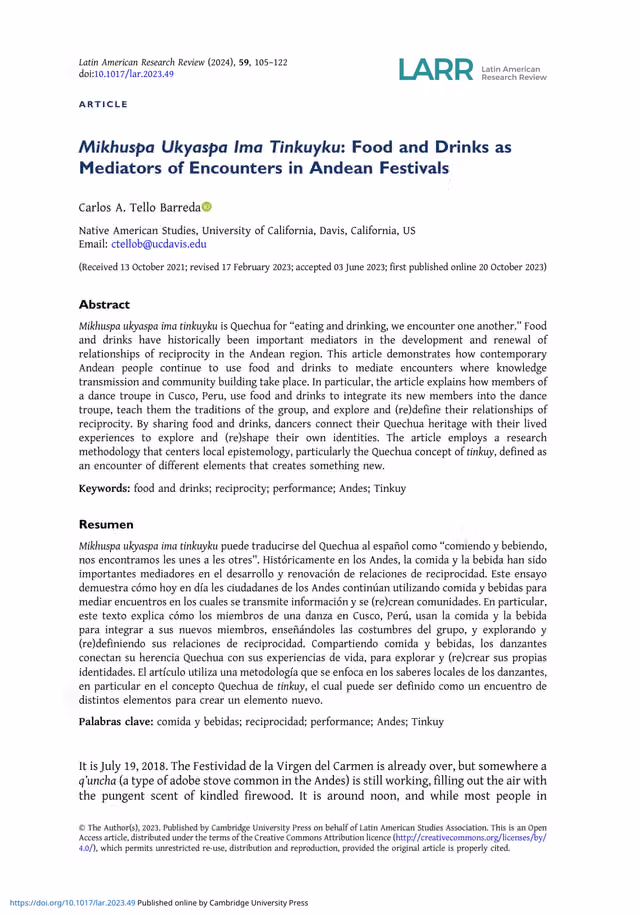 Mikhuspa Ukyaspa Ima Tinkuyku: Food and Drinks as Mediators of Encounters in Andean Festivals