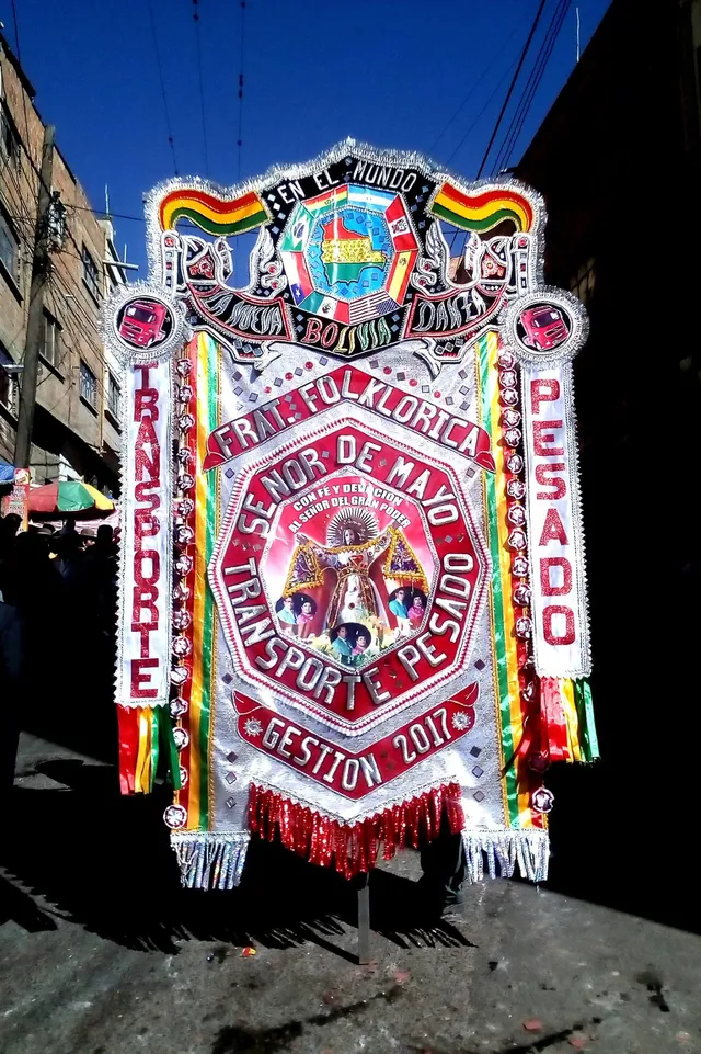 Morenada banner at the Gran Poder in La Paz, 2017