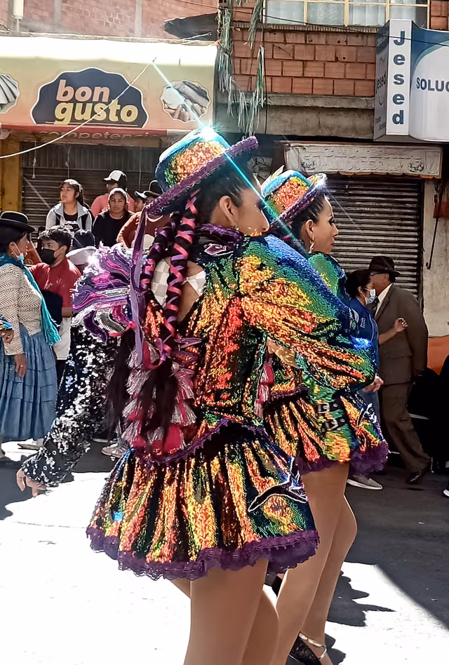 Shiny caporal dancers' costumes (Gran Poder, La Paz 2023)
