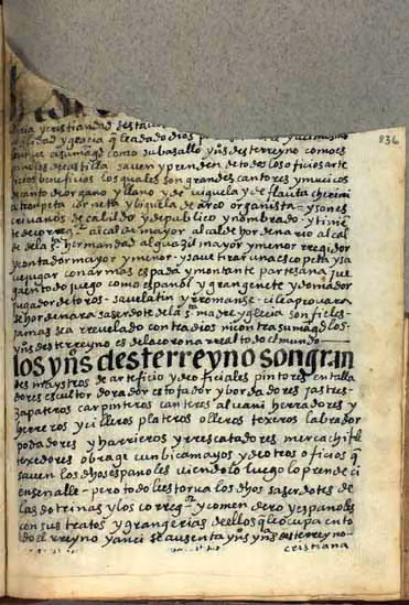 Guaman Poma, p. 836: Página de texto sobre la vida de la iglesia española que elogia a los músicos de…