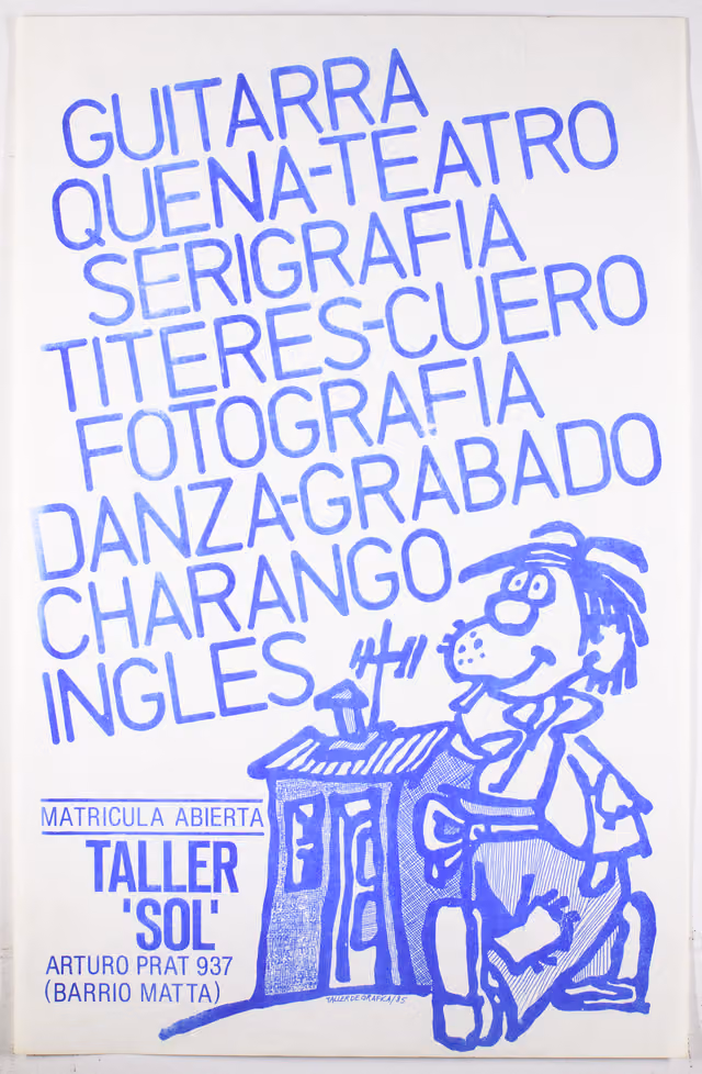 Afiche de talleres de guitarra, quena y teatro en el Tallersol (1985)