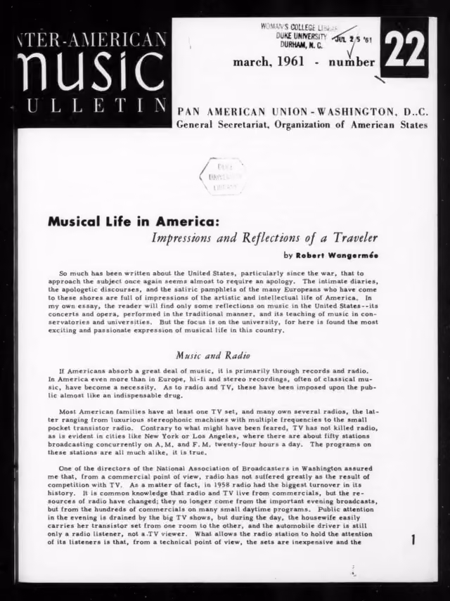 Boletín Interamericano de Música, no. 22 (marzo 1961)