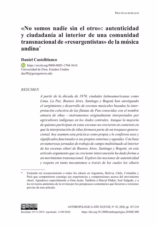 'We Are Nobody Without the Other': Authenticity and Citizenship in a Transnational Community of Andean Music 'Resurgentistas'
