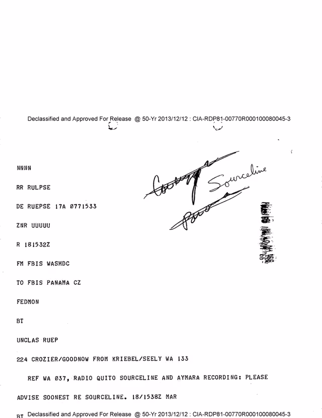 Cable de la CIA sobre una grabación aimara de Radio Quito (1966)