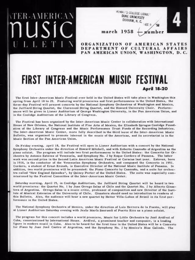 Inter-American Music Bulletin, no. 4 (March 1958)