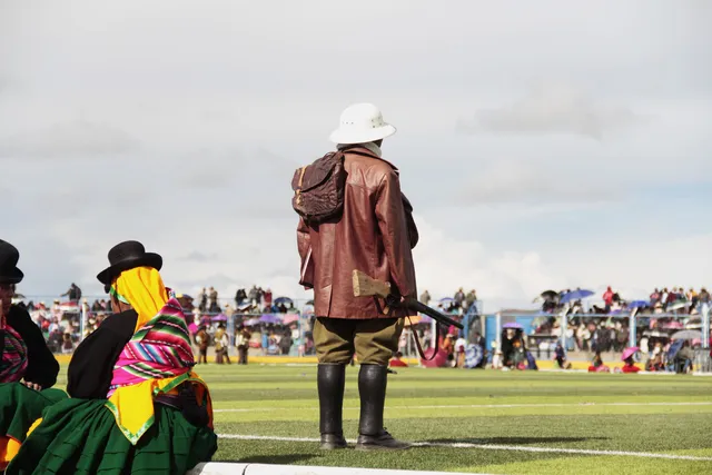 Gamonal of the Kajelos dance at the Jach’a Anata Phunchawi 2025 contest
