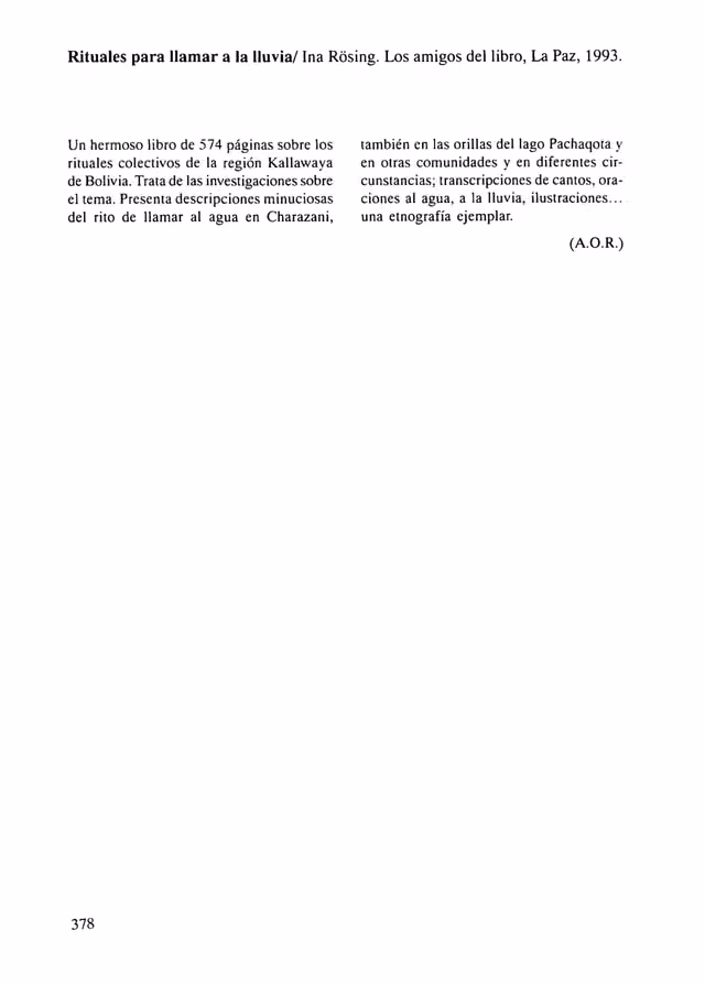 Review: Rituals to call the rain (Ina Rösing, La Paz, 1993)