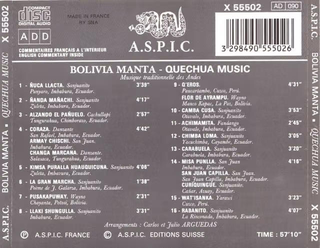 Bolivia Manta – Quechua Music (back cover)