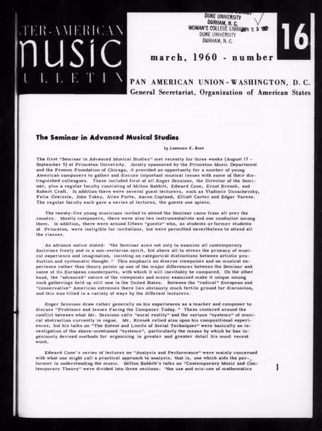 Boletín Interamericano de Música, no. 16 (marzo 1960)