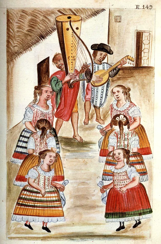 Musicians and dancers, plate from the Codex Trujillo del Perú