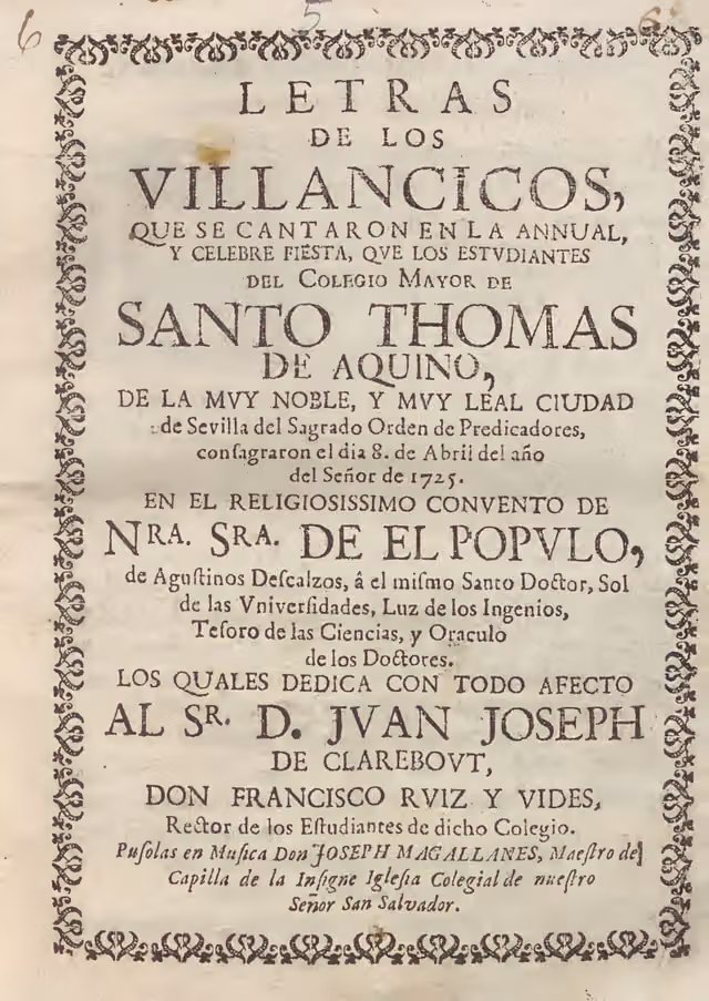 Letras de los villancicos cantados en la fiesta anual del Colegio Mayor de Santo Tomás de Aquino (1725)