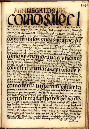 Guaman Poma, p. 336: Texto que describe objetos ceremoniales, entre ellos tambores y flautas usados…