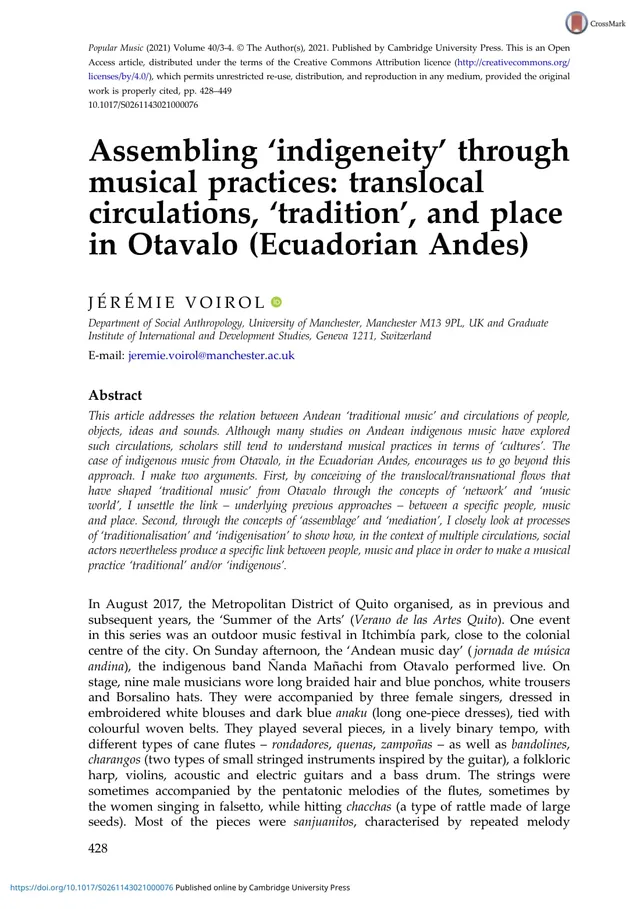 Ensamblar la «indigeneidad» a través de prácticas musicales: circulaciones translocales, «tradición» y lugar en Otavalo (Andes ecuatorianos)