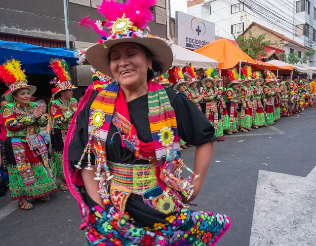 Woman dancing tinku at the Cochabamba Carnival