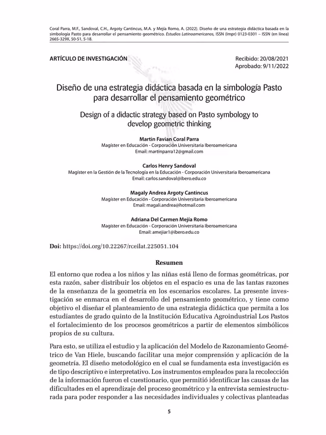 Teaching strategy based on Pasto symbology for geometric thinking