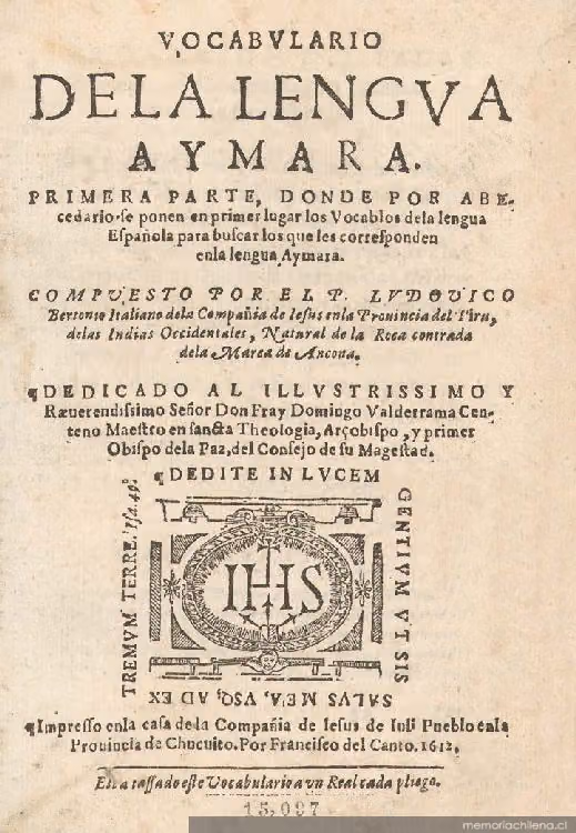 Title page of Ludovico Bertonio's Aymara vocabulary (1612)