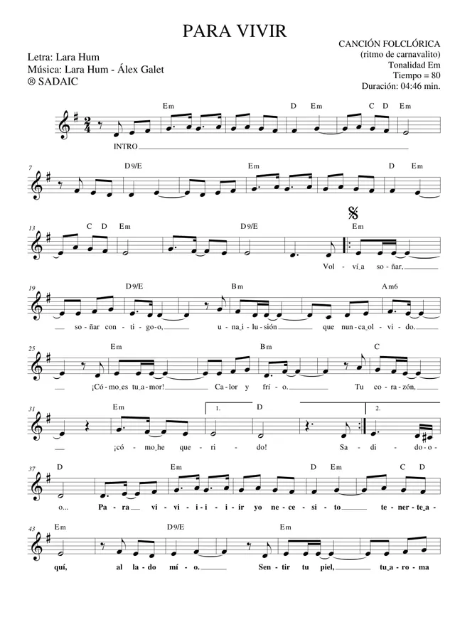 PARA VIVIR (score)