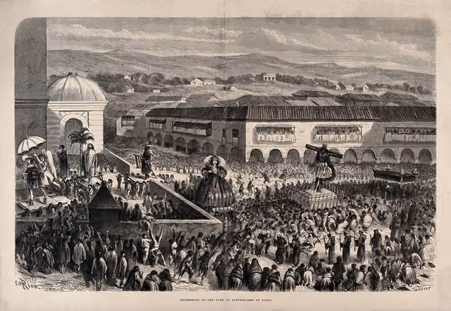 Procesión del Señor de los Temblores en Cuzco (grabado, 1873)