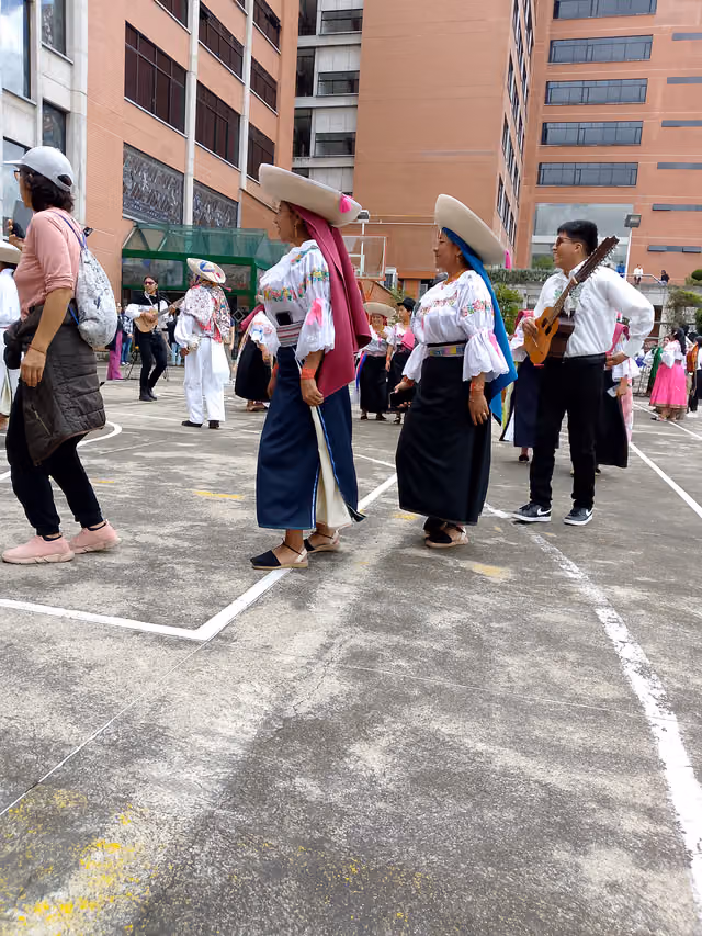 Indigenous people dancing in the yard of the Simón Bolívar Andean University, Quito