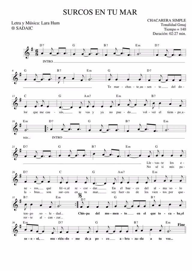 Surcos en tu mar (partitura de chacarera) — Página 1
