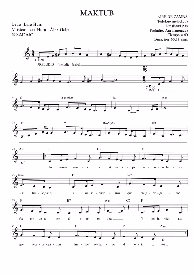 Maktub (Estaba escrito), partitura de zamba