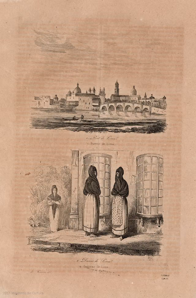 Women of Lima in the tapada limeña, Puente de Piedra (1842)