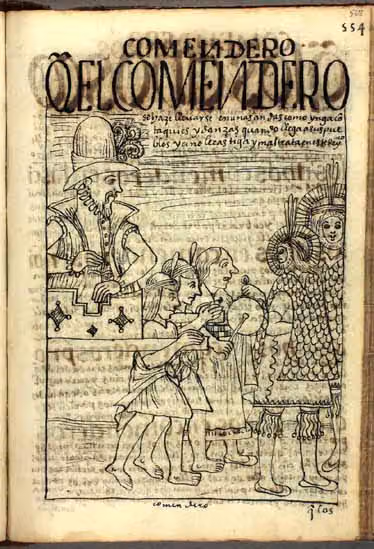 Guaman Poma, p. 568: Two Andean figures play a pipe and a drum in front of a standing man in Spanish…
