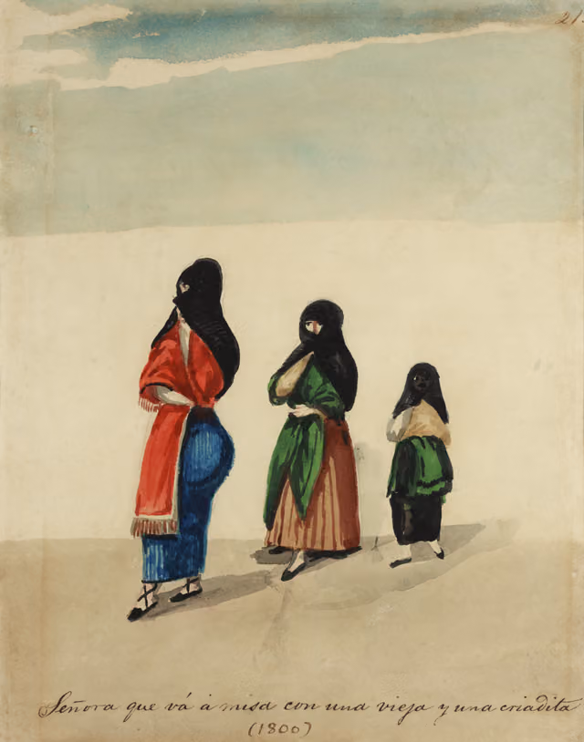 Lady going to mass with an old woman and a young maid
