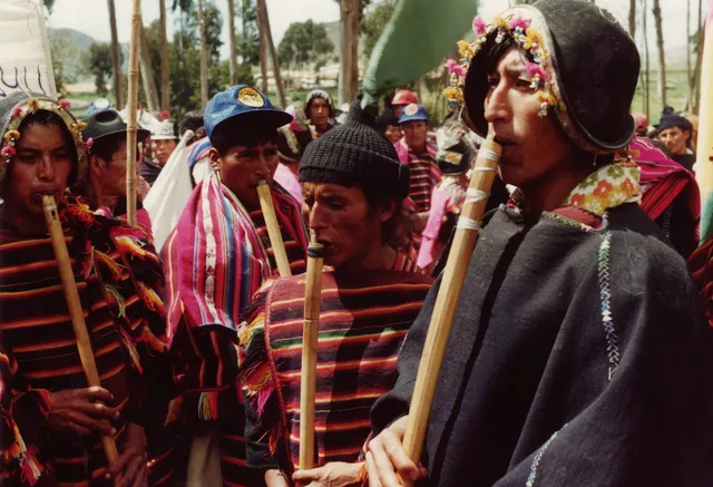 Performing pujllay music in Tarabuco