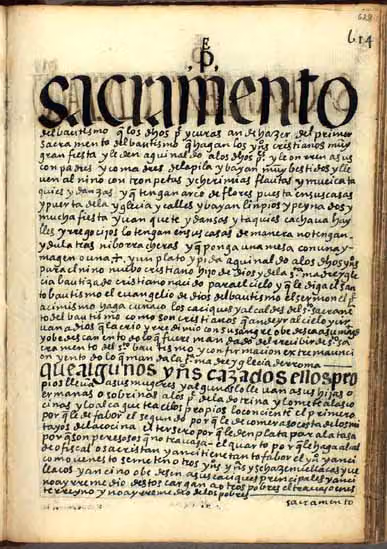Guaman Poma, p. 628: Sección sobre el bautismo: el texto describe una fiesta por el bautizo de un…
