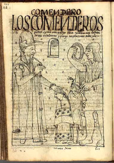 Guaman Poma, p. 565: A man in a hat blows a long wind instrument, a trumpet or pipe, beside a child…