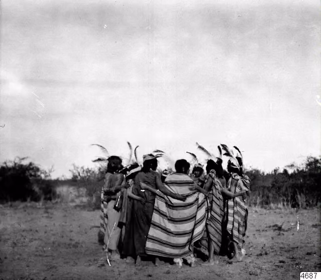 Nivaclé men dancing (ashluslay), Bolivian Chaco (1908)