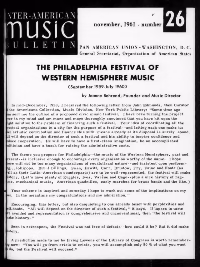 Inter-American Music Bulletin, n.º 26 (noviembre de 1961)