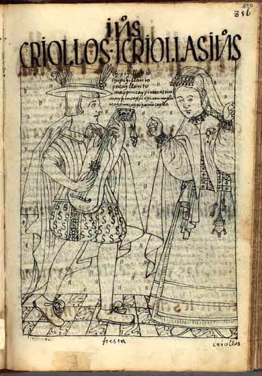 Guaman Poma, p. 870: Un criollo con sombrero emplumado y capa toca un instrumento de cuerda tipo…
