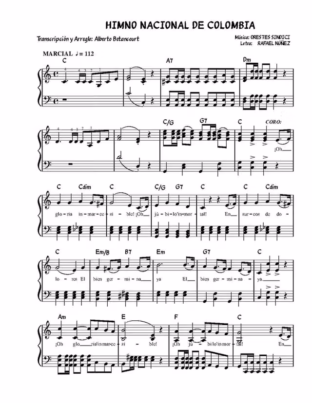Primera partitura del Himno nacional de Colombia