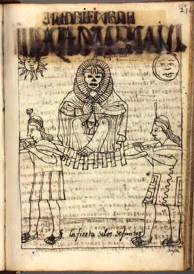 Guaman Poma, p. 258: Fiesta de los difuntos: un ídolo de rostro de calavera sentado entre dos…