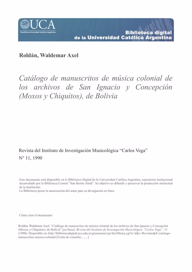 Catalogue of colonial music manuscripts from the San Ignacio and Concepción archives (Moxos and Chiquitos), Bolivia