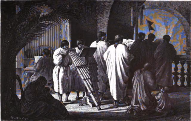 Misa musical en Trinidad (Bolivia), grabado de Franz Keller-Leuzinger