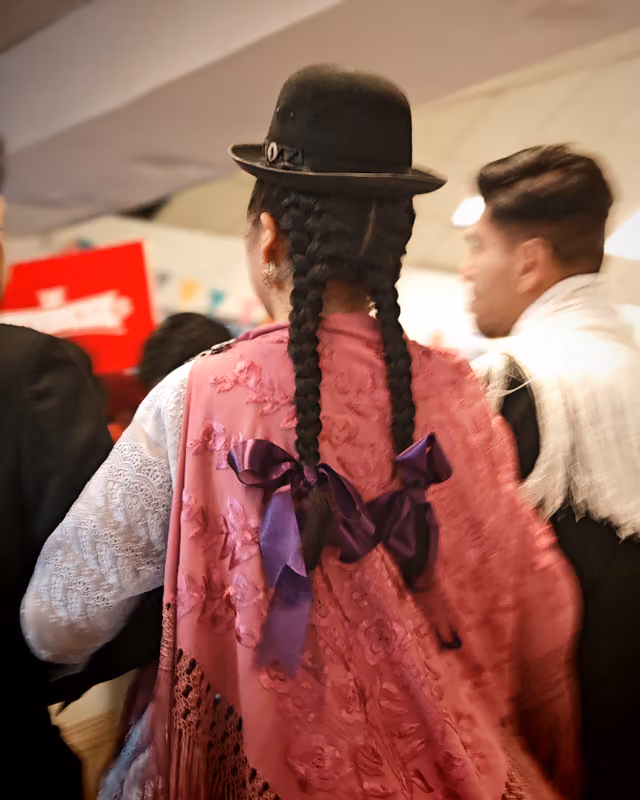 Detail of the braids and ribbons of a pandillera cholita